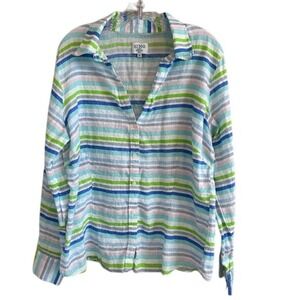 HIHO Tortola BVI Women's Colorful Striped V-Neck Button up Linen Blouse XL‎